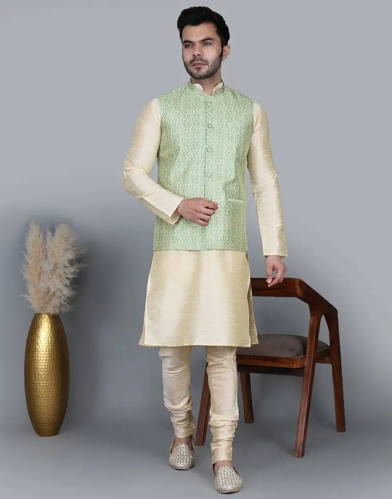 Men’s gold kurta churidar with green zig-zag waistcoat (rg-19561-36)