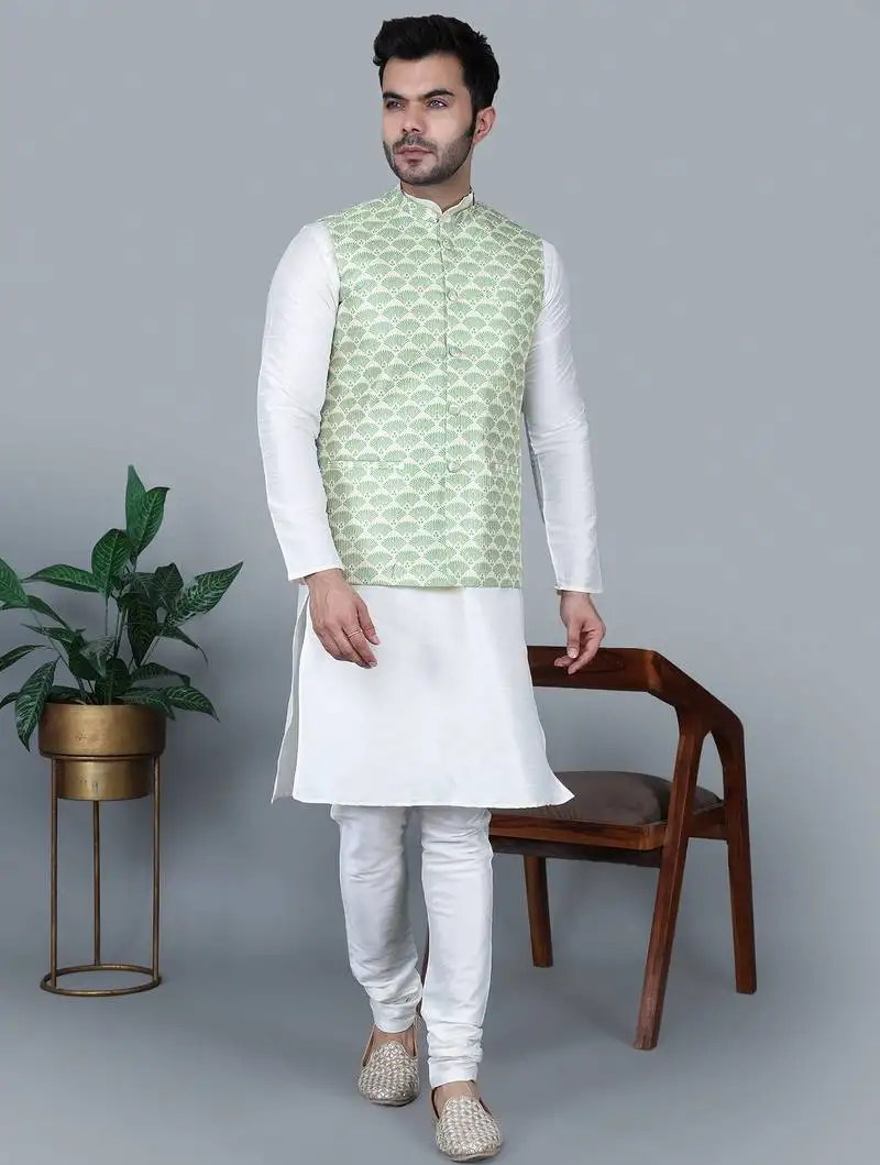Men’s cream kurta churidar with green feather printed waistcoat (rg-19562-36)
