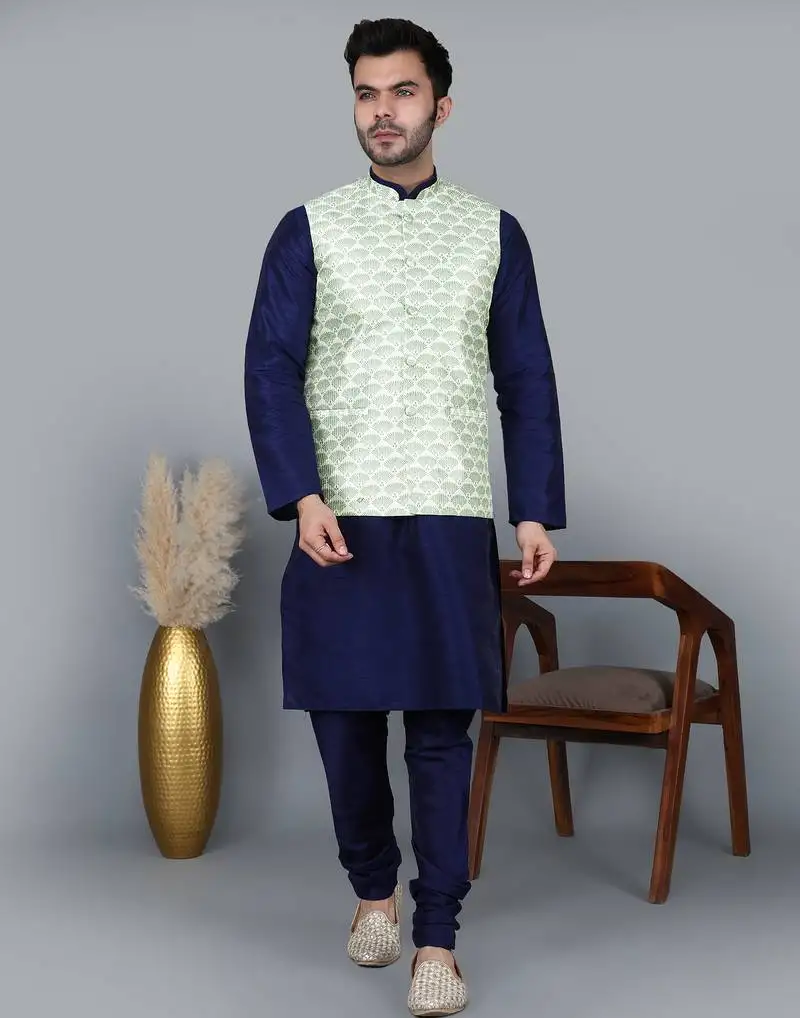 Men’s navy blue kurta churidar with green feather printed waistcoat (rg-19563-36)