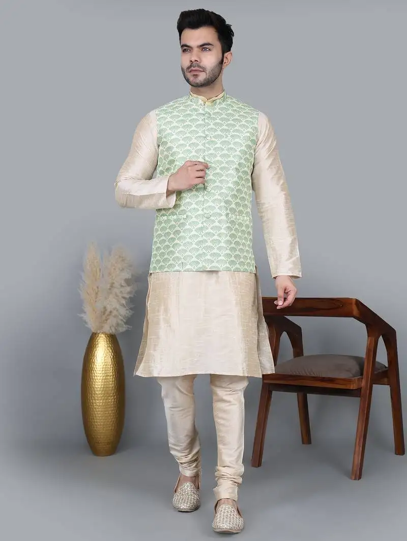 Men’s double tone kurta churidar with green feather printed waistcoat (rg-19564-36)