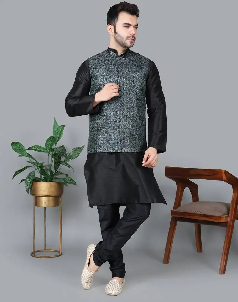 Men’s black kurta churidar with printed black box waistcoat (rg-19565-36)