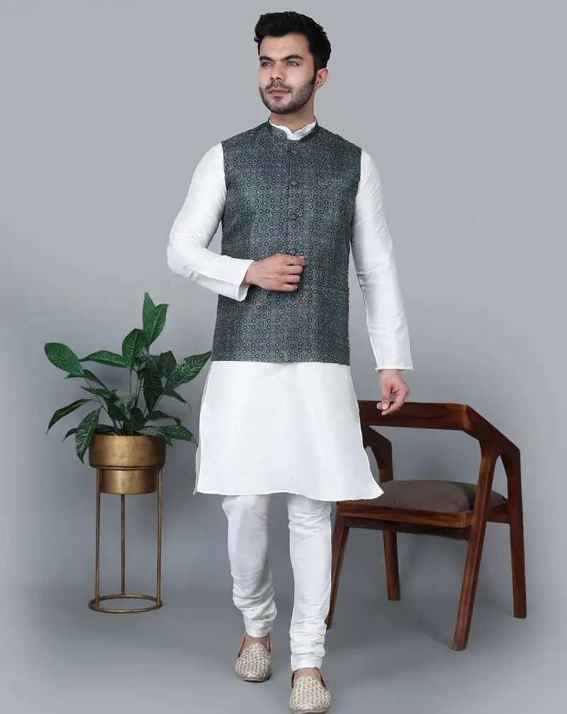 Men’s cream kurta churidar with printed black box waistcoat (rg-19566-36)