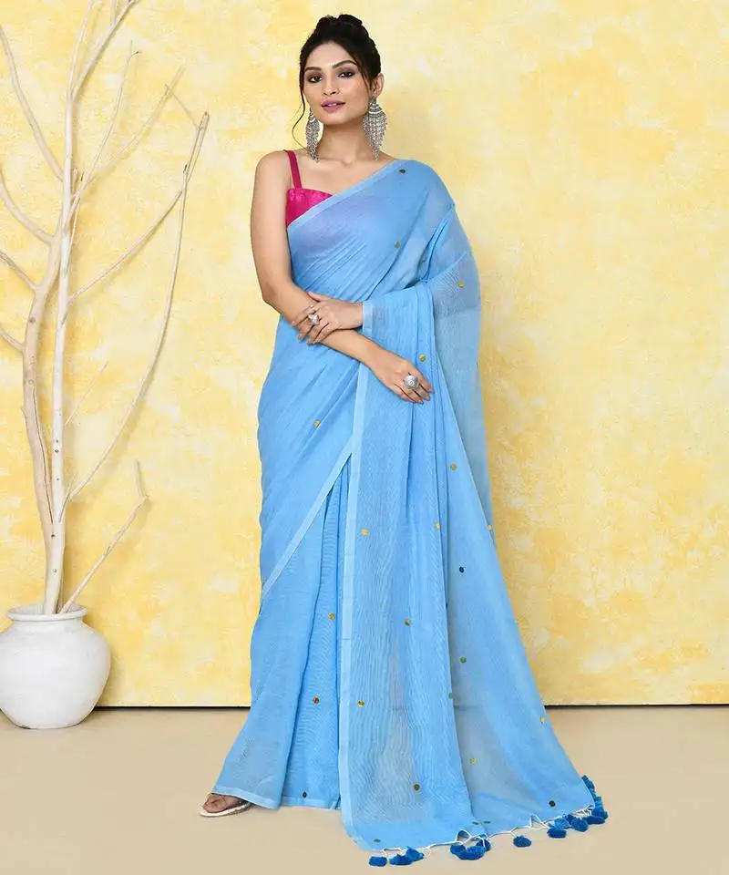 Sky blue cotton saree with running blouse