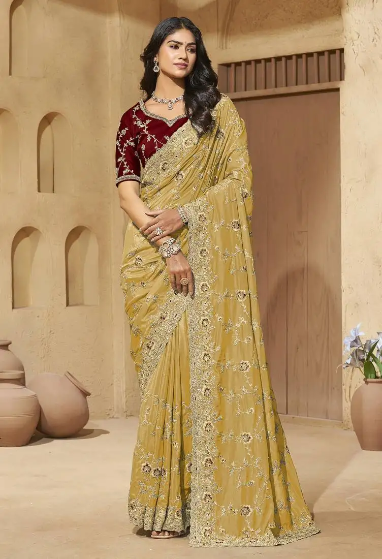 Yellow zari and cords georgette saree with designer blouse fabric