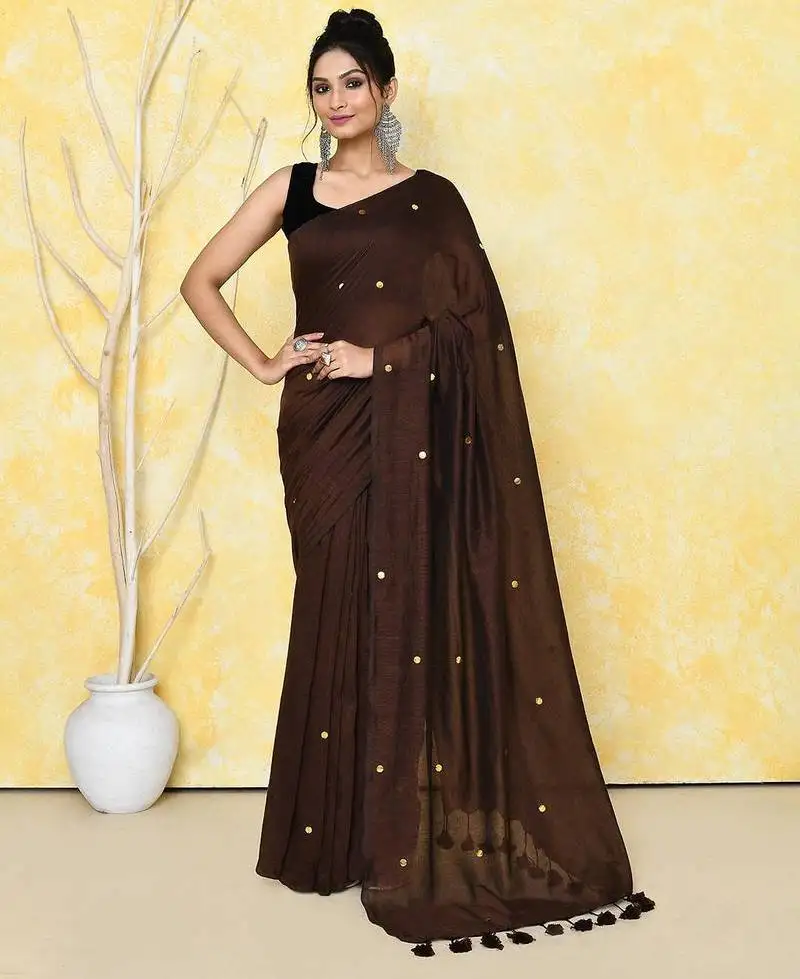 Coffee brown cotton saree with running blouse