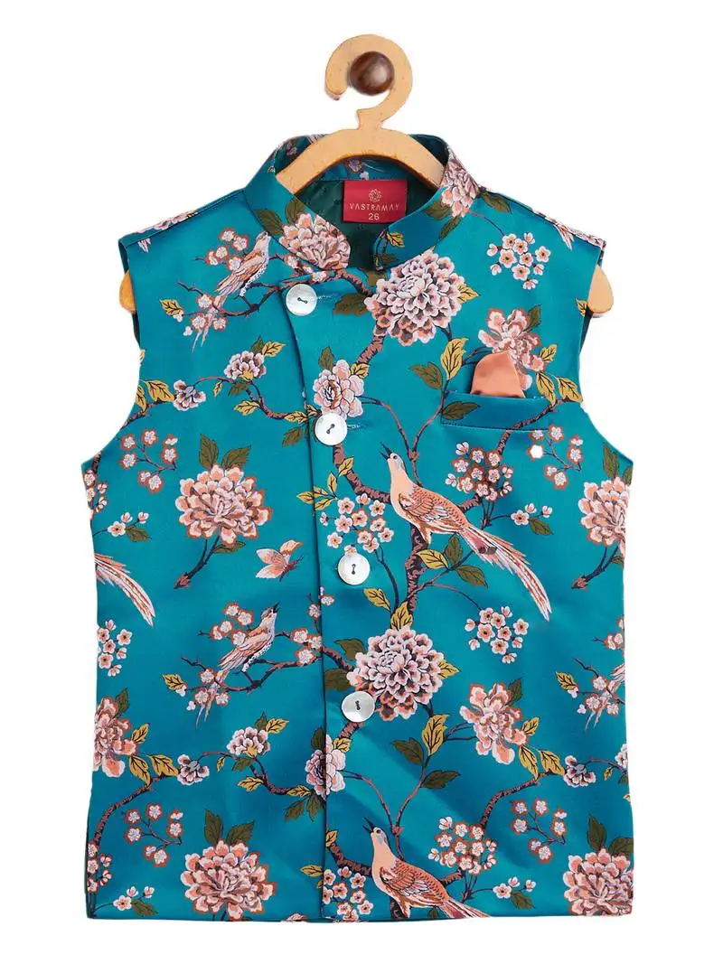 Boy's multicolored-base-turquoise nehru jacket