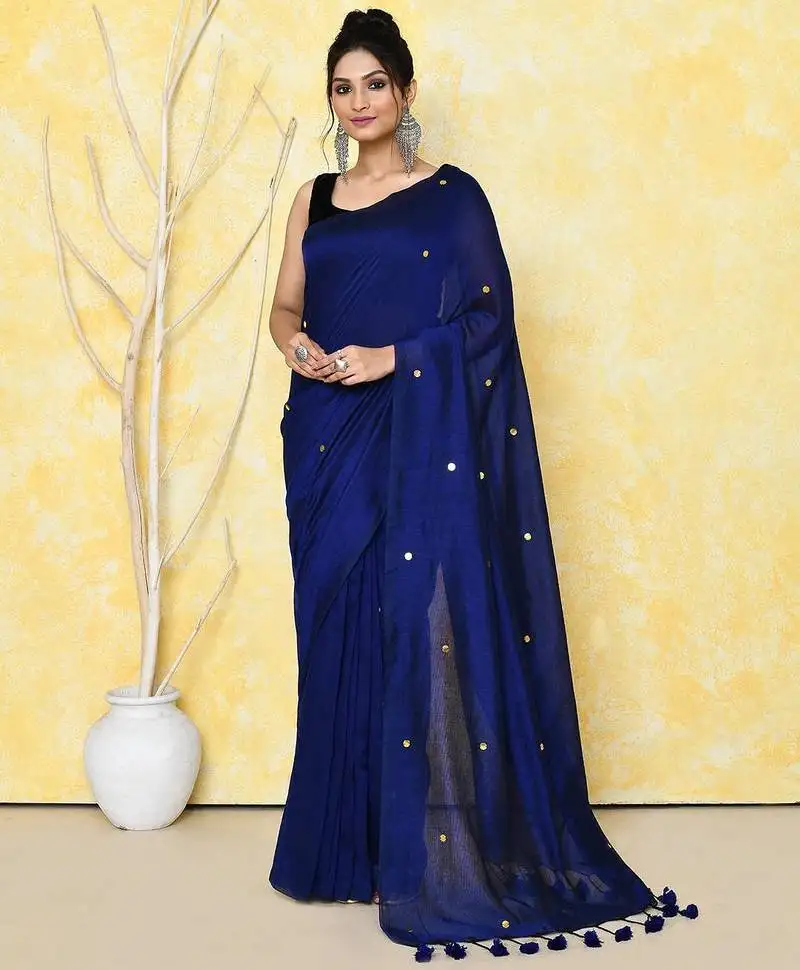 Navy blue cotton saree with running blouse