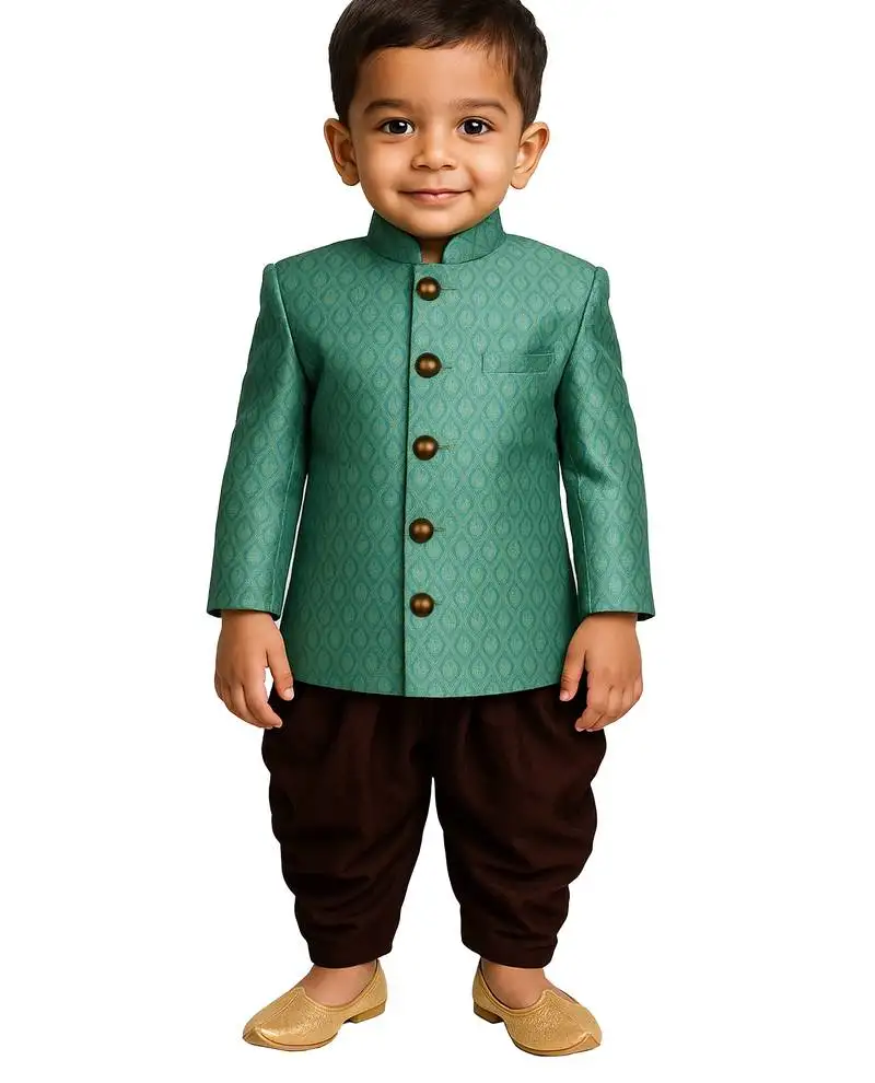 Boy's green and coffee indowestern sherwani and cowl dhoti pant set