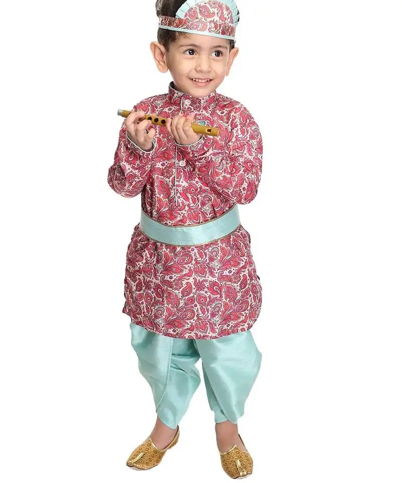 Boy's multicolor-base-pink and mint kurta and dhoti set