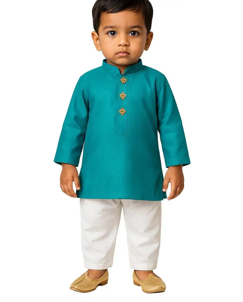 Boy's cyan pure cotton kurta pyjama set