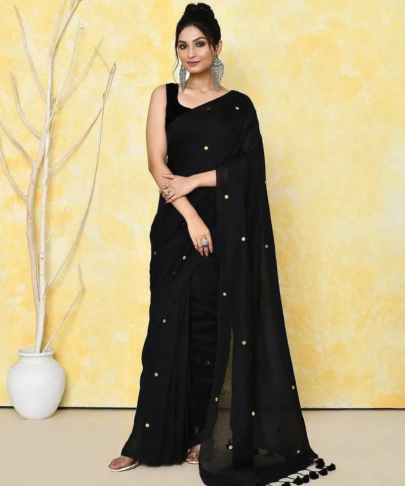 Black cotton saree with running blouse