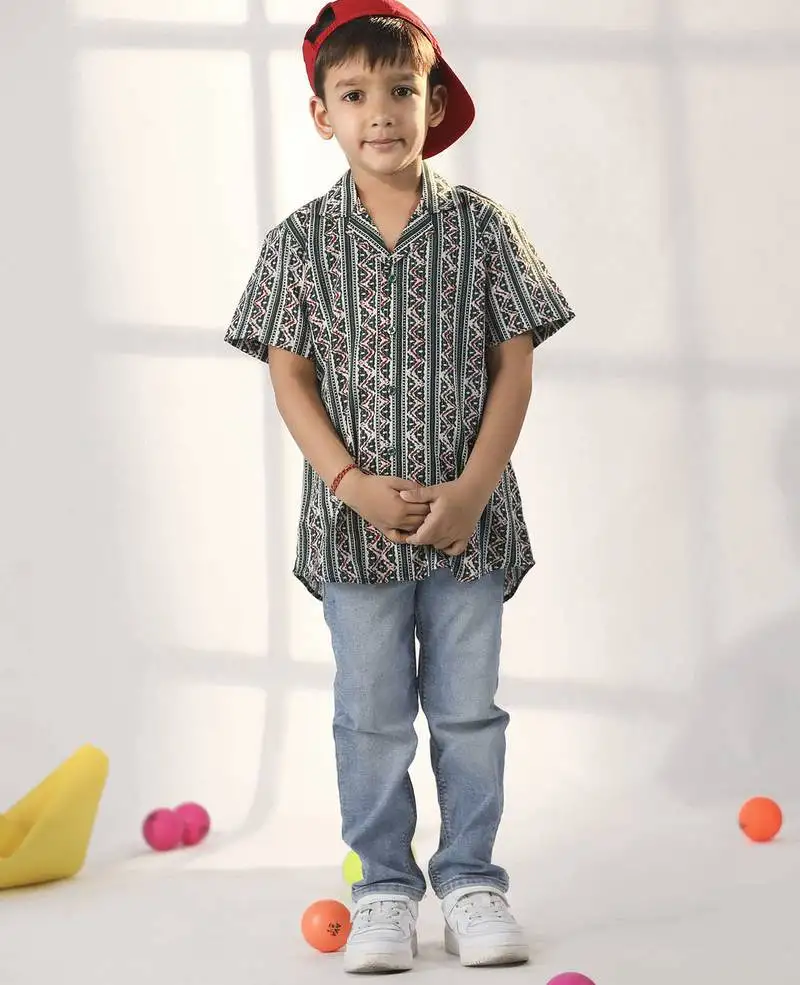 Boys' bottle green ethnic shirt