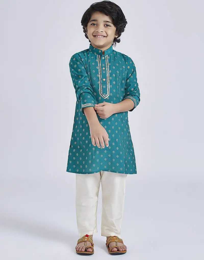 Boys' green and cream kurta pyjama set