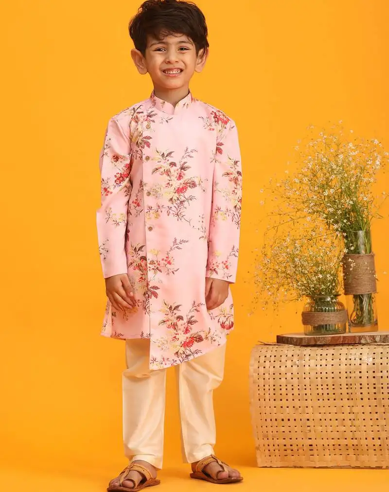Boys' multicolor base pink kurta pyjama set