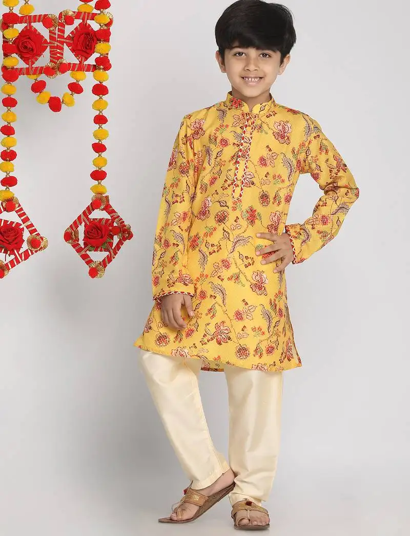 Boys' multicolor-base-mustard and cream kurta pyjama set