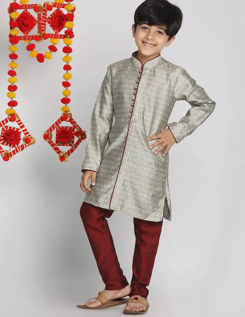 Boys' beige,grey and maroon kurta pyjama set