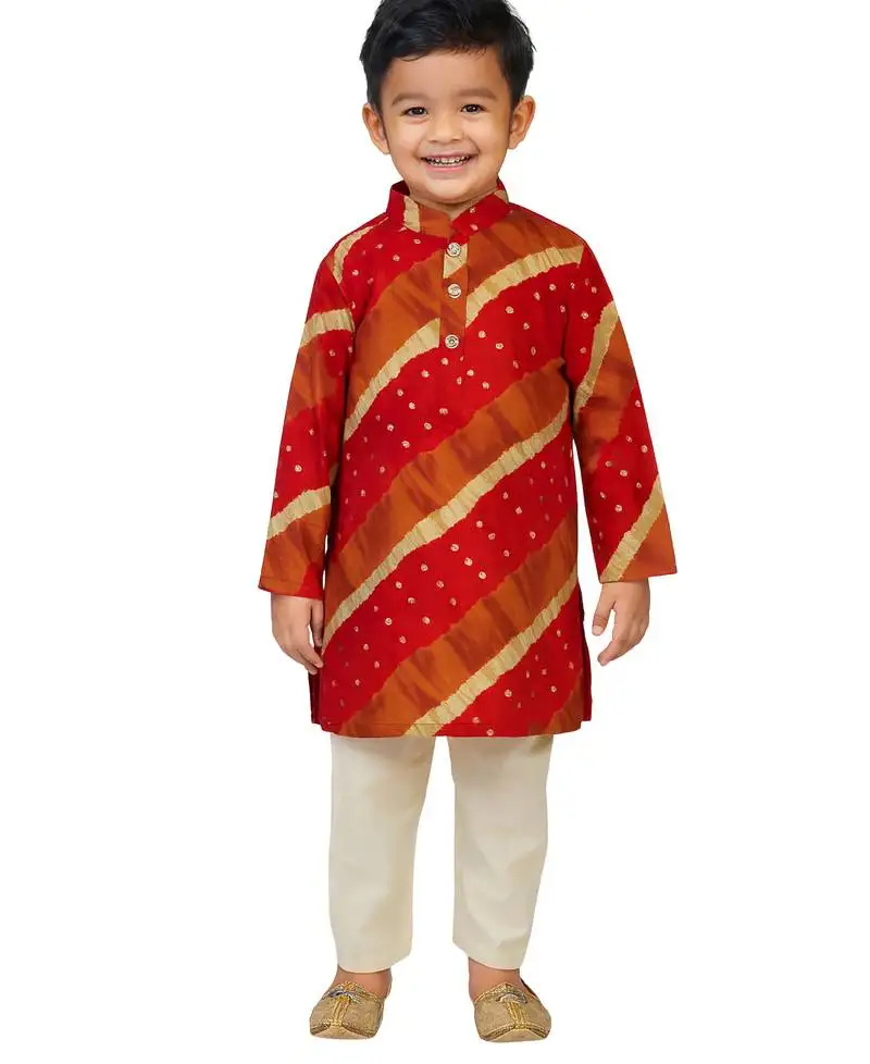Boys maroon rayon kurta with cream pyjama - traditional lehariya print set
