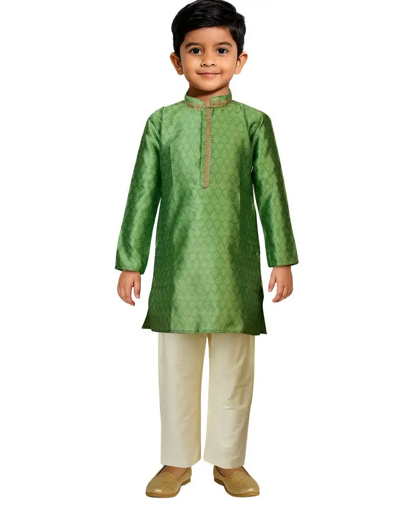 Boys green jacquard silk kurta with cream pyjama - classic festive set