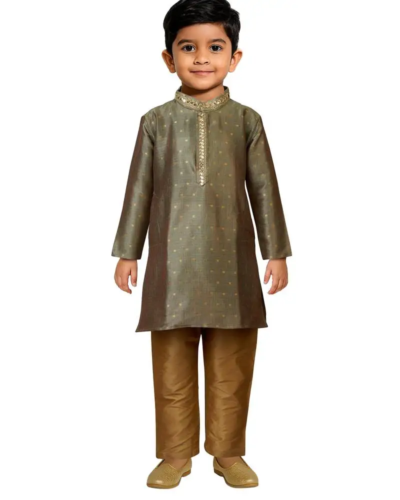 Boys green jacquard silk kurta with cream pyjama - premium festive set