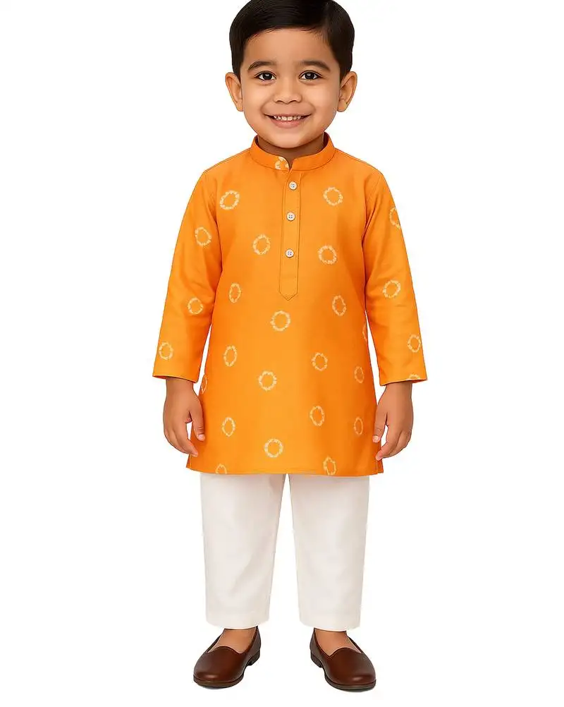 Jbn boys orange ethnic print kurta with white pyjama - diwali special set