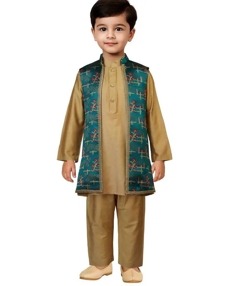 Boys green jacquard silk jacket with rose gold pyjama - elegant set