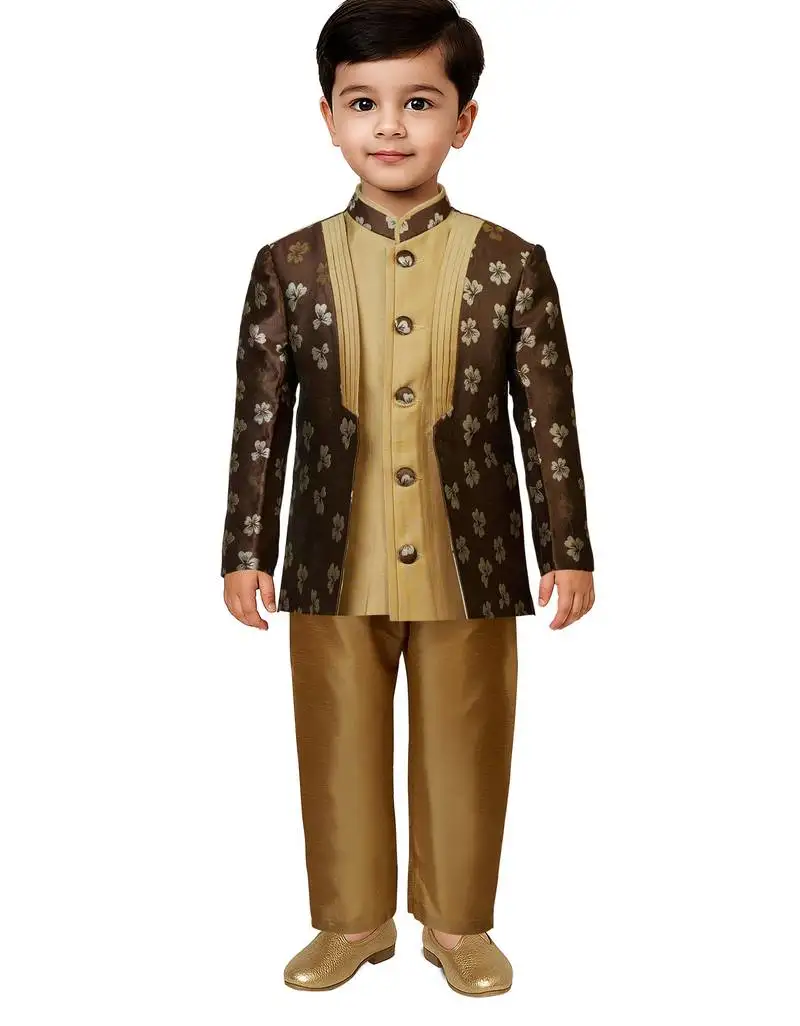Boys coffee indo-western kurta with rose gold pyjama - modern festive