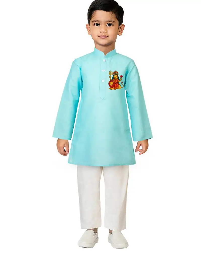 Boys' aqua cotton printed kurta set with white pyjama - durga poojan special