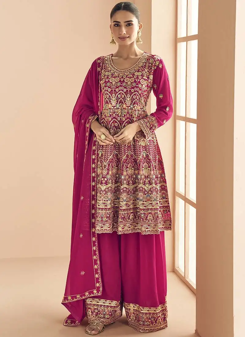 Pink georgette embroidered designer palazzo suit stitched