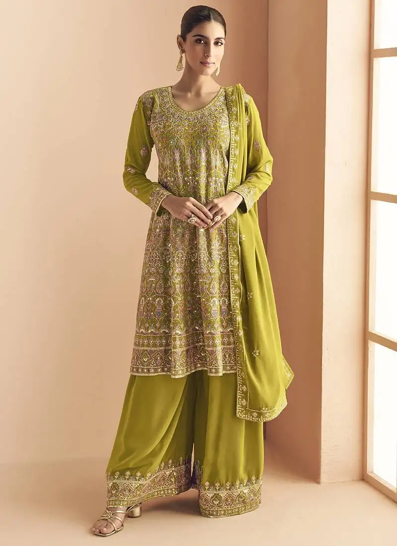 Mahendi georgette embroidered designer palazzo suit stitched