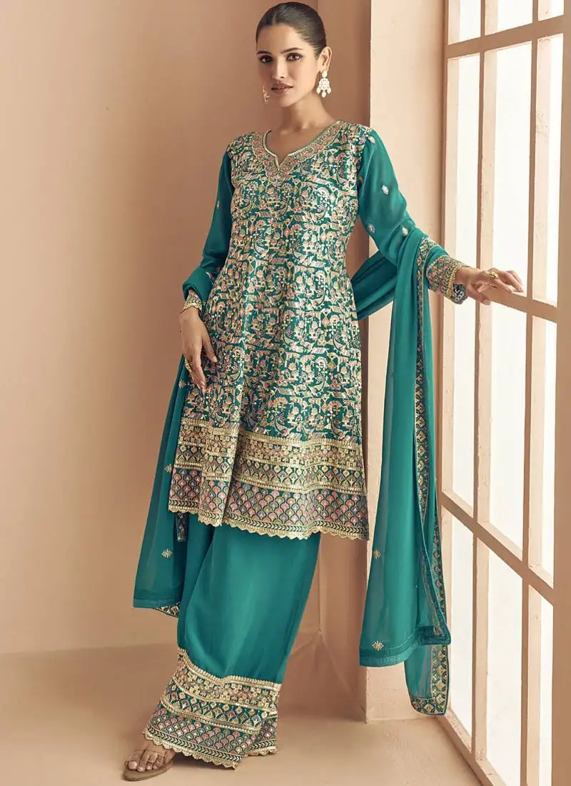 Turquoise georgette embroidered designer palazzo suit stitched