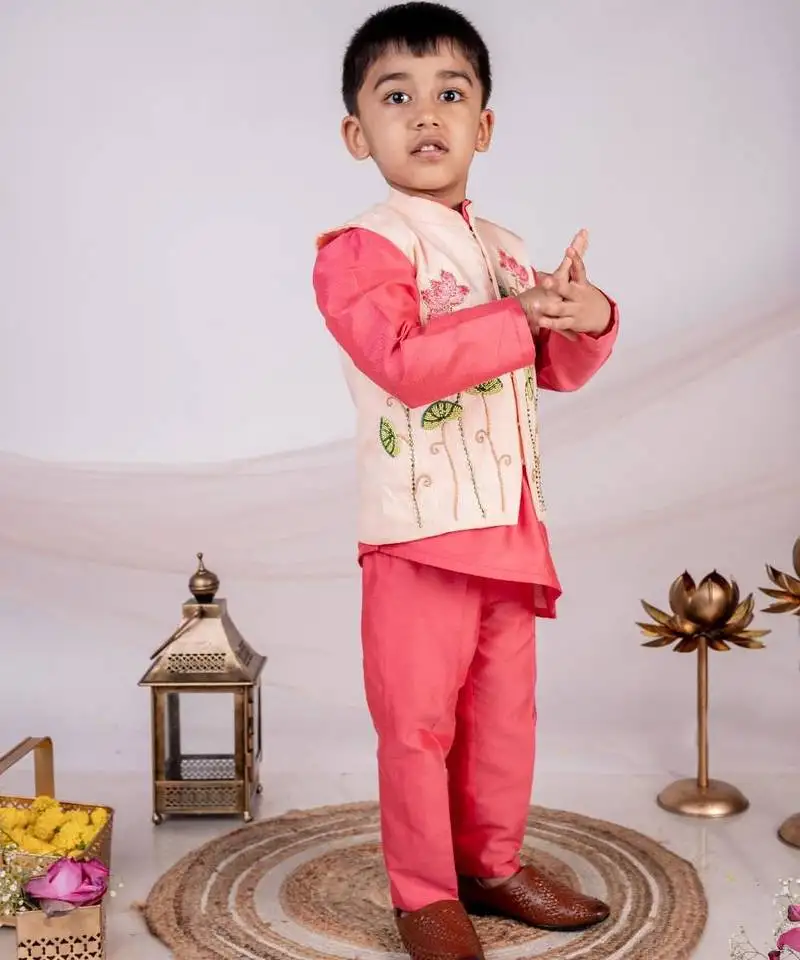 Orange embroidered cotton nehru jacket set