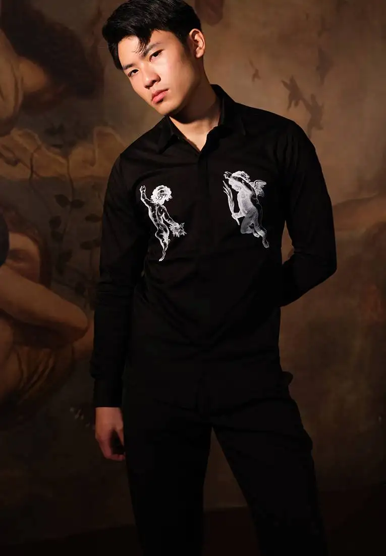 Black printed crepe shirt