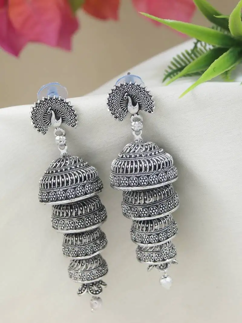 Ethnic silver oxidized indian wedding bollywood multi layered peacock design jhumka earring for women