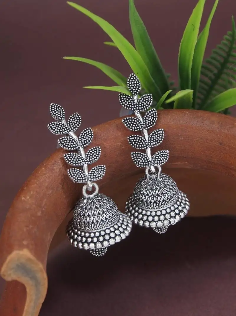 Silver oxidized indian wedding bollywood leaf design jhumka earring for women