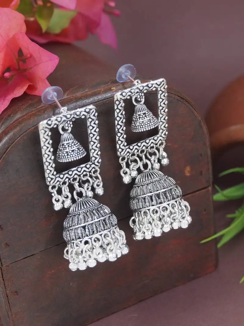Ethnic silver oxidized indian wedding bollywood style dangle jhumka earrings for women