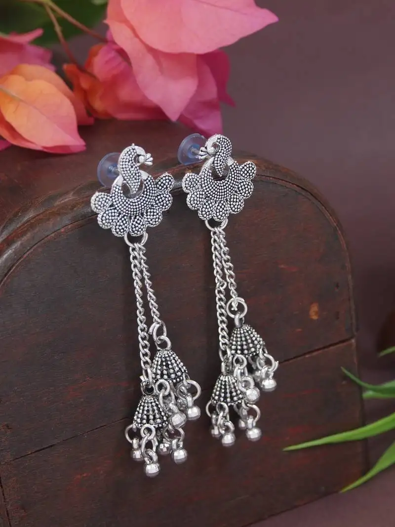 Ethnic silver oxidized indian wedding bollywood peacock design ghungroo earrings for women