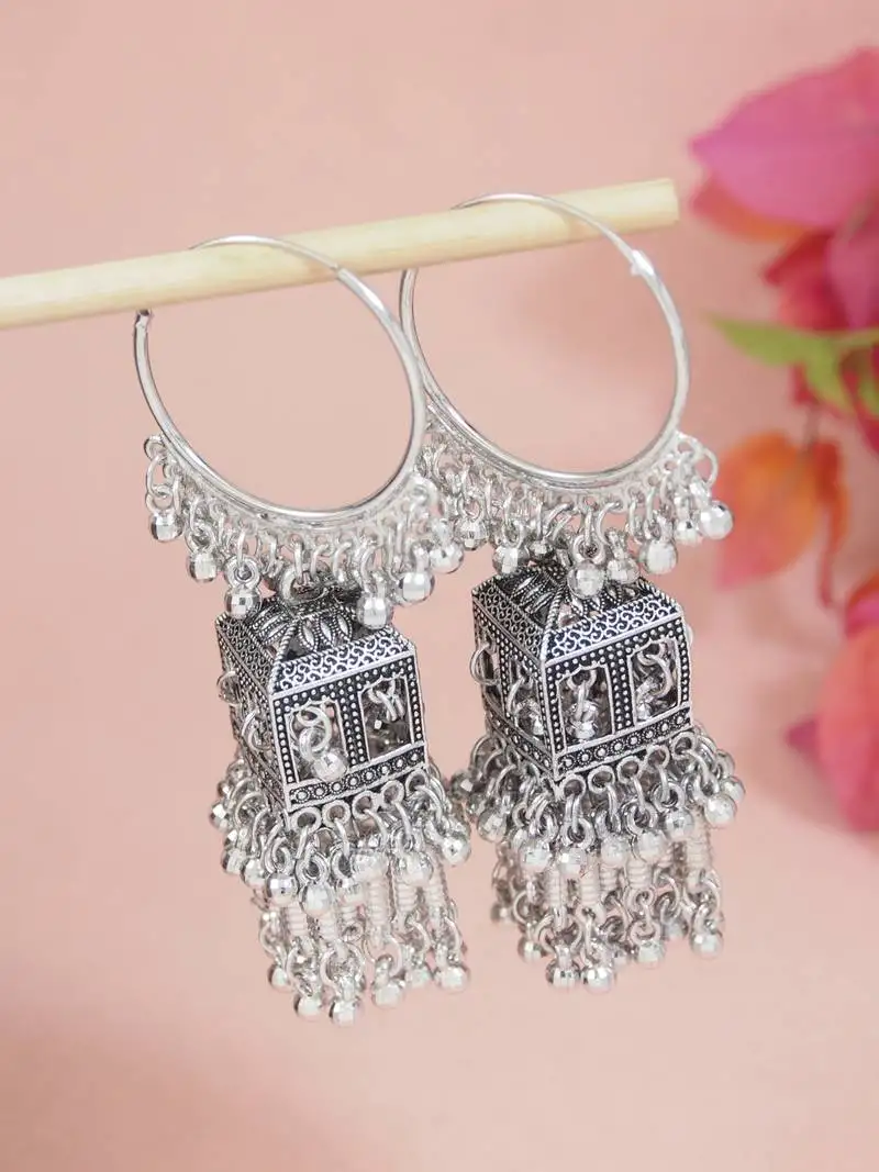 Ethnic silver oxidized indian wedding bollywood boho jhumka earrings for women (e3295ox)