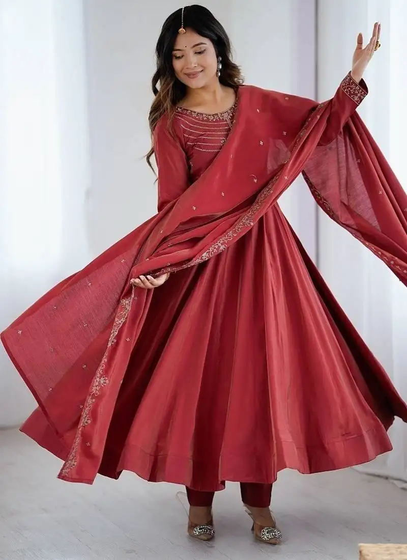 Maroon pure roman shimmar chanderi silk with beads work anarkali suit stitched