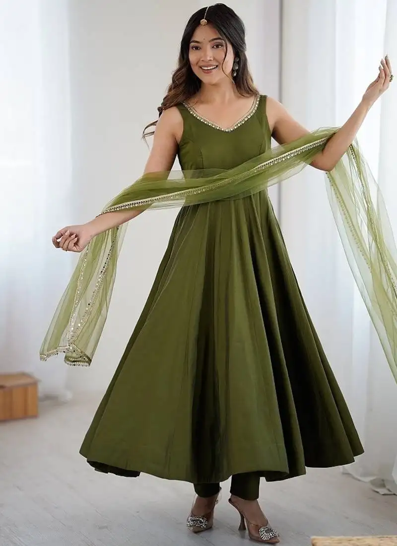 Mehendi pure romansilk chanderi plain fully flair anarkali suit stitched