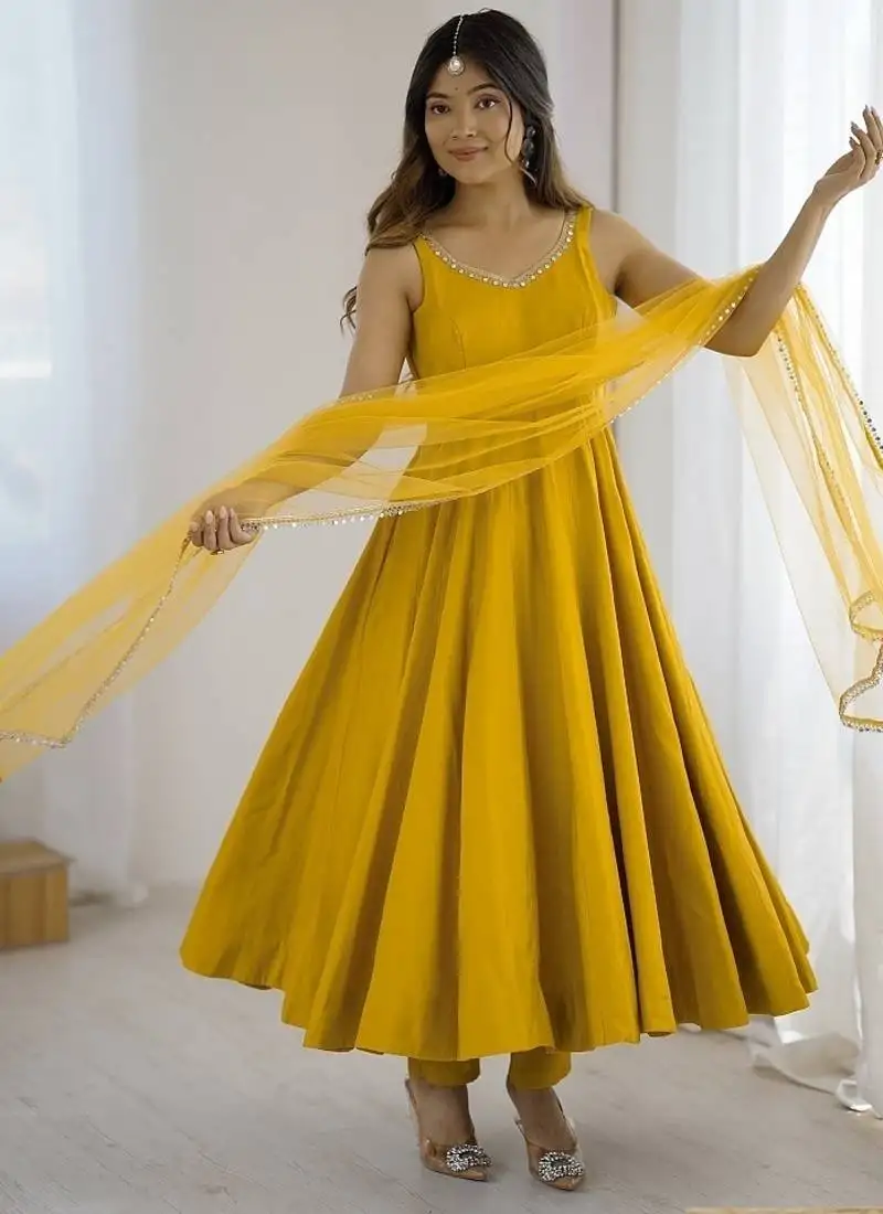 Yellow pure romansilk chanderi plain fully flair anarkali suit stitched