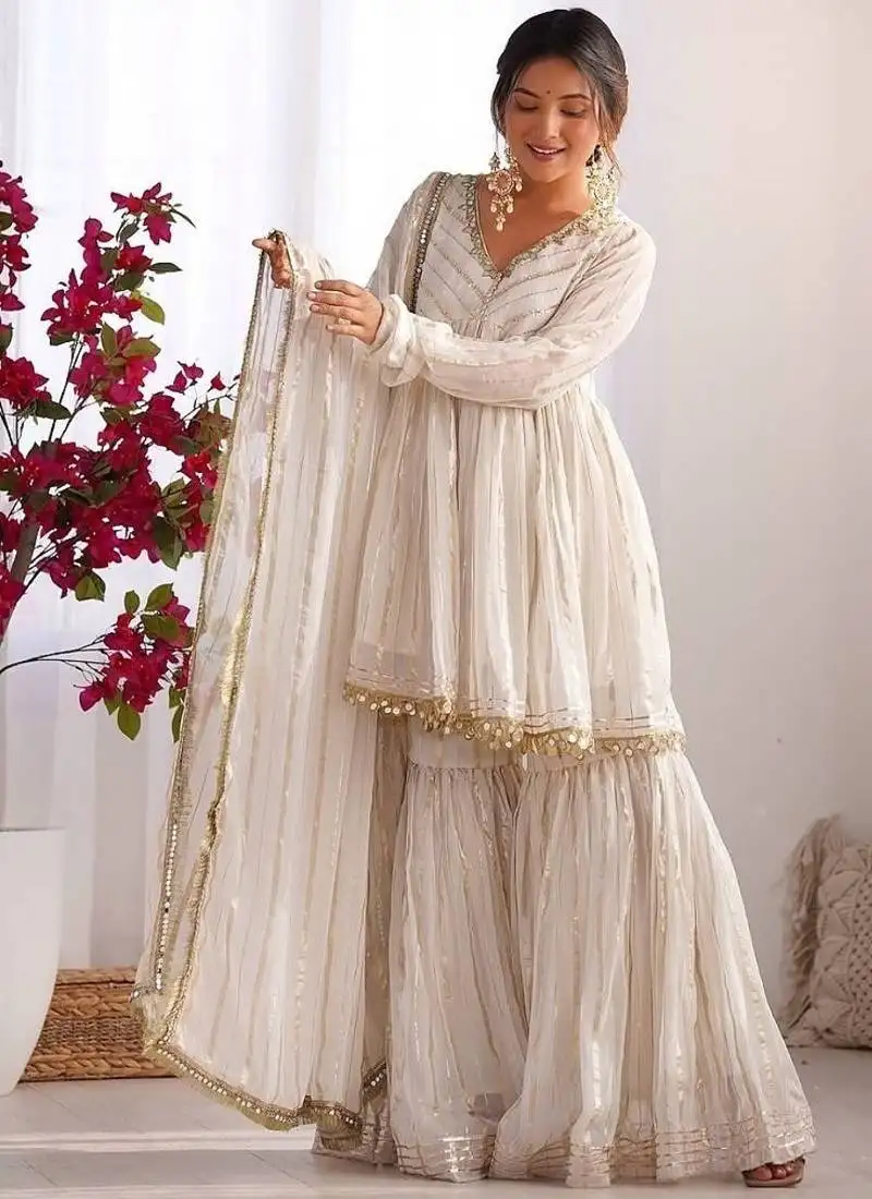 Offwhite mal chanderi with mirror & hand work sharara suit stitched