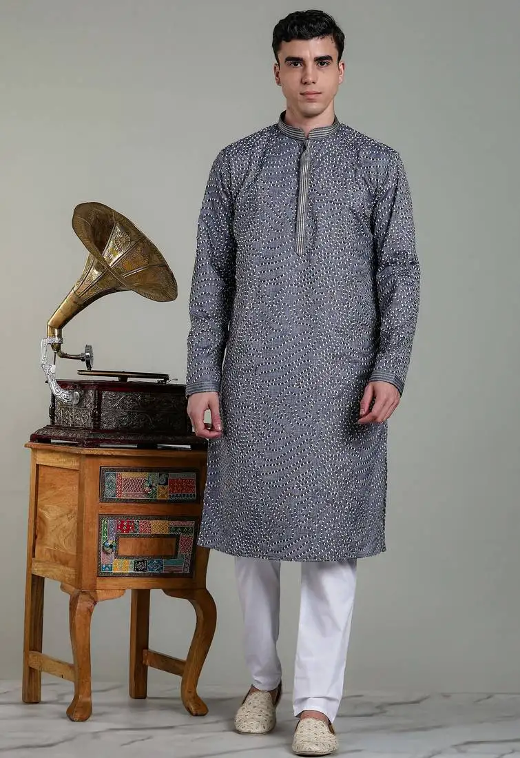 Stylish mens cotton linen embroidery kurta pyjama