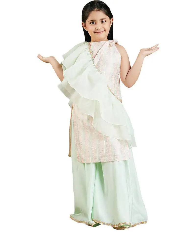 Girls' mint green kurta, palazzo and dupatta set