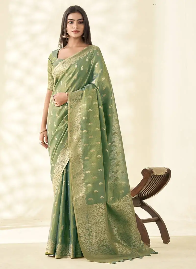 Sea green woven linen tissue silk saree
