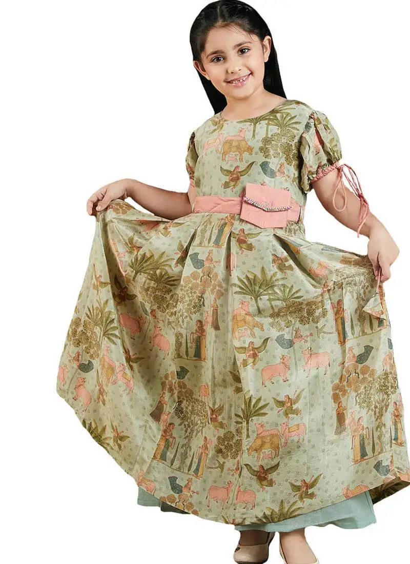 Girls' green base ethnic dress