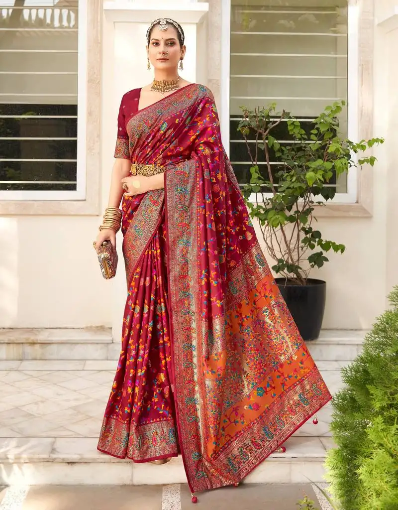 Multicolor dola silk zari border and pallu work saree