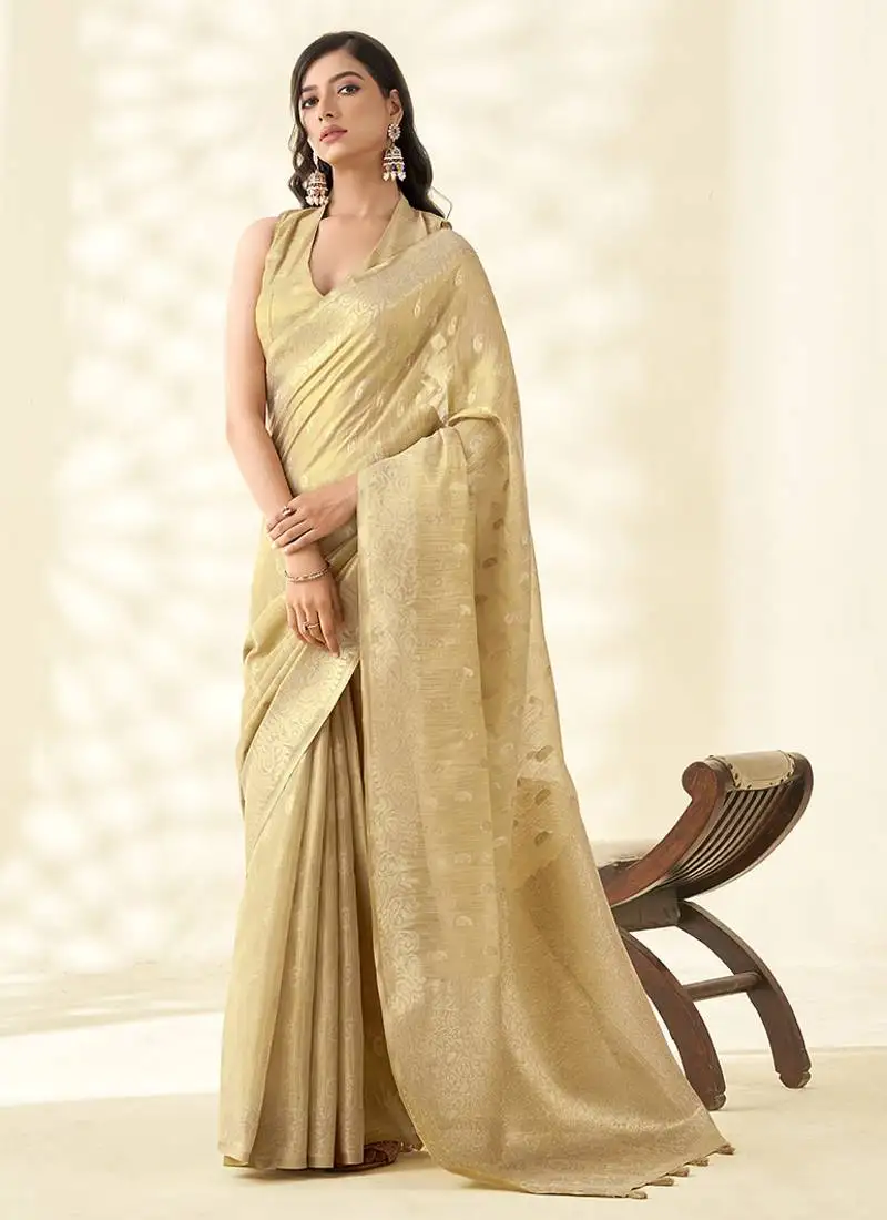Beige woven linen tissue silk saree