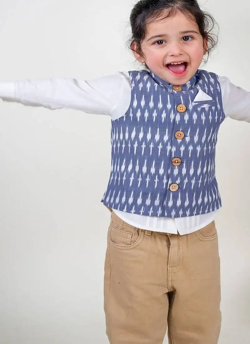 Blue plain cotton boys nehru jacket