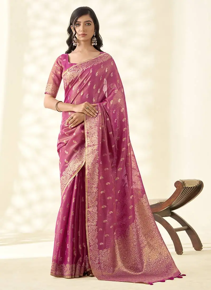 Dark pink woven linen tissue silk saree
