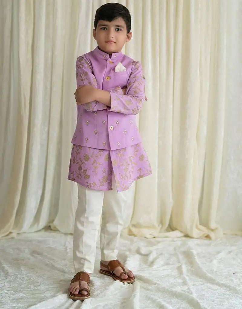Purple embroidered cotton nehru jacket set